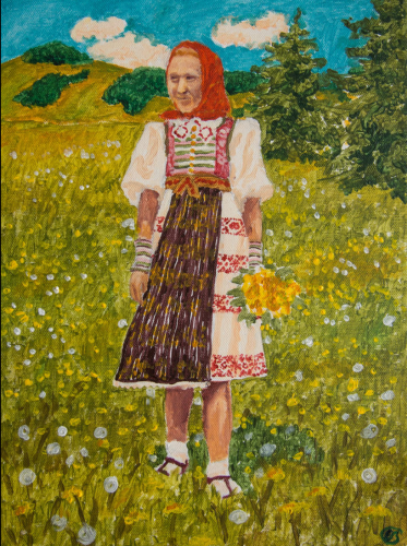 Evkina babka Anna Dučáková (1934-2024) za mlada vo važeckom kroji (maľované Evkou)
